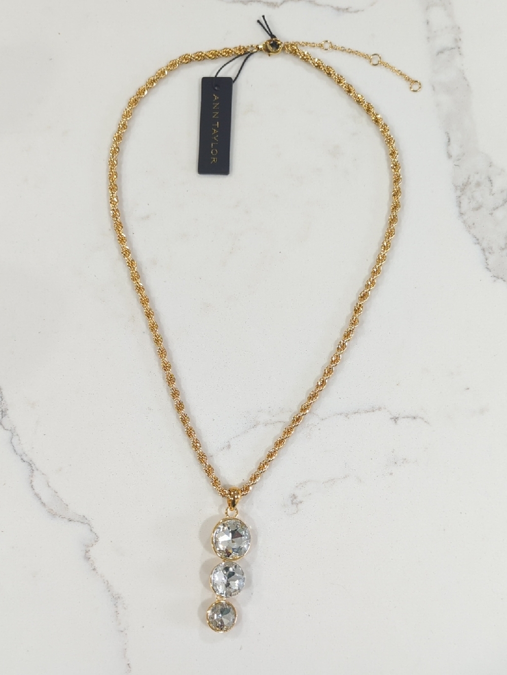 Ann Taylor Gold Rope Necklace with Triple Clear Crystal Pendant